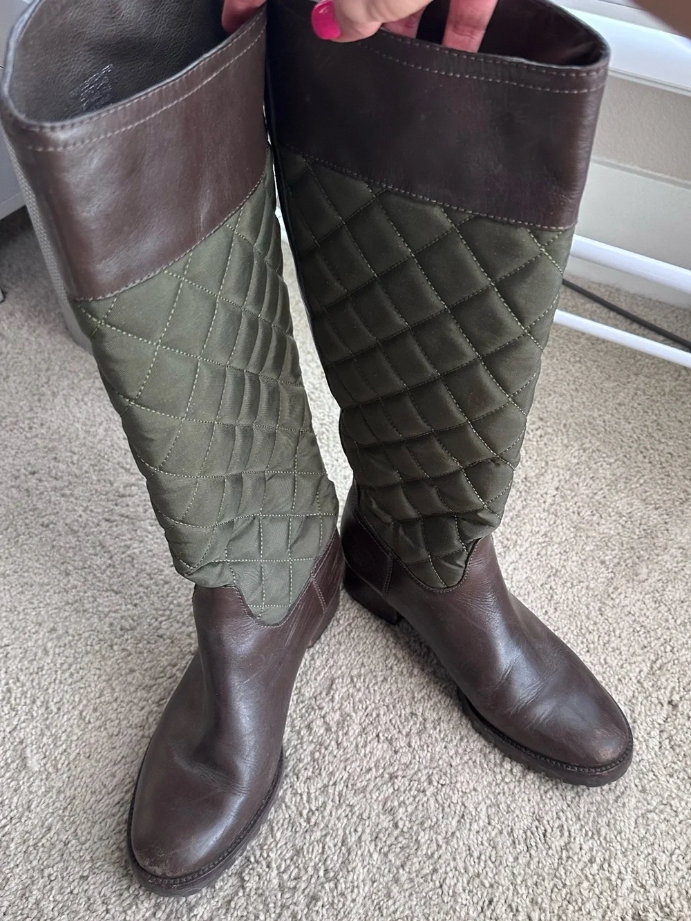 Tory Burch Rowan Quilted Riding Boots Green/Brown Leather